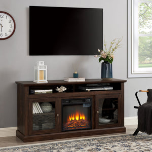 English Elm Contemporary TV Media Stand with 18" Electric Fireplace Insert, 65" TV Capacity, Brown, Ample Storage W2275S00043