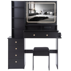 English Elm 41" Large Vanity Table Set With Cushioned Stool, Led Touch Mirror, Power Station & Dryer Stand W936P230831