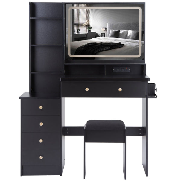 English Elm 41" Large Vanity Table Set With Cushioned Stool, Led Touch Mirror, Power Station & Dryer Stand W936P230831
