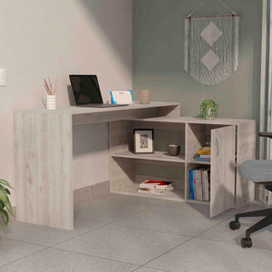 English Elm Antlia Beige L-Shaped Writing Desk with Cabinet & Two Shelves, Space-Saving Particleboard Design B128S00161