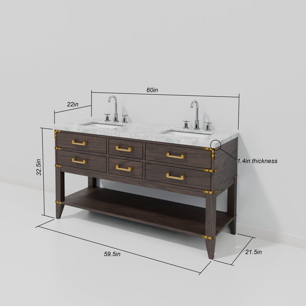 English Elm Brown Oak Double Bath Vanity With Carrara Marble Top & 2 Elegant Mirrors - Stylish Storage Solution B2731S01631
