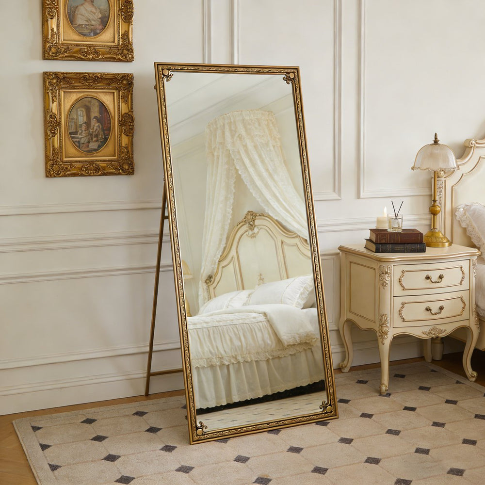 English Elm Full Length Cast Iron Floor Mirror Arched Beaded Frame Antique Gold Bedroom Accent W3040P455744