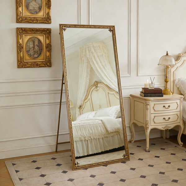 English Elm Full Length Cast Iron Floor Mirror Arched Beaded Frame Antique Gold Bedroom Accent W3040P455744