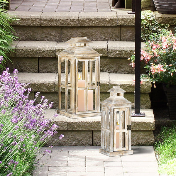 English Elm Homcom Fir Wood Rustic Lantern Set of Two Farmhouse Decor for Mantel or Porch W2225P217278