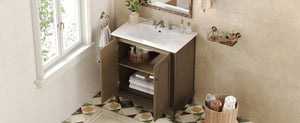 English Elm Christopher Knight Home® - 30" Vintage Bathroom Vanity with Rectangle Ceramic Sink, Rubber Wood Legs, Soft-Close Doors, Adjustable Shelves Antique brown N817P245316L