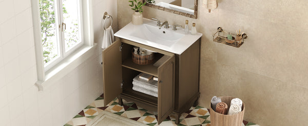 English Elm Christopher Knight Home® - 30" Vintage Bathroom Vanity with Rectangle Ceramic Sink, Rubber Wood Legs, Soft-Close Doors, Adjustable Shelves Antique brown N817P245316L