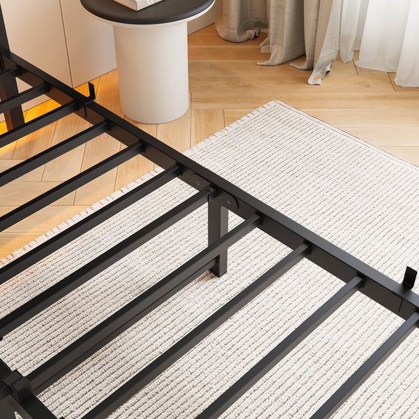 English Elm Full Metal Bed Frame with Wooden Headboard, USB Charging, RGB App Lighting, Large Under-Bed Storage Black W840P209906