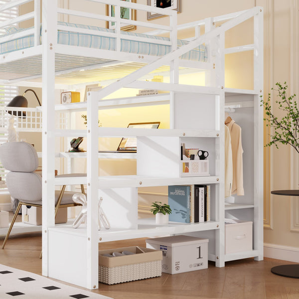English Elm Full Size Steel Loft Bed with Staircase Storage Wardrobe Desk and Led Lighting White W2593S00078