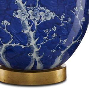 Sakura Elegant Blue and White Table Lamp with Gold Leaf Base - Traditional Cherry Blossom Design
