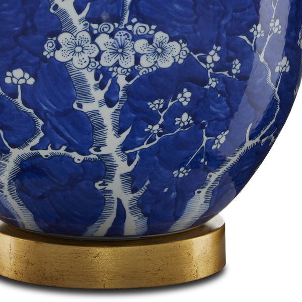Sakura Elegant Blue and White Table Lamp with Gold Leaf Base - Traditional Cherry Blossom Design