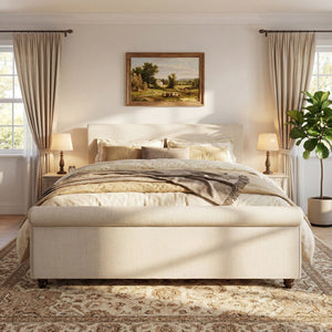 English Elm King Upholstered Bed Linen Fabric Rolled Headboard Rubberwood Legs Primary Bedroom Beige N757K384825I