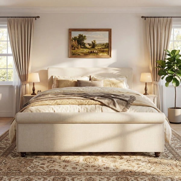 English Elm King Upholstered Bed Linen Fabric Rolled Headboard Rubberwood Legs Primary Bedroom Beige N757K384825I