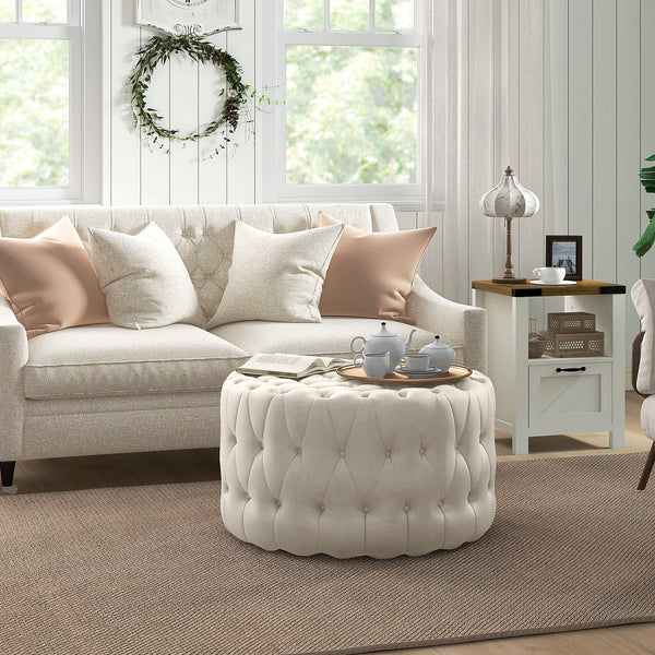 English Elm HOMCOM Velvet-Feel Round Ottoman 31.5" — Button-Tufted Padded Seat, Versatile Footstool & Coffee Table (Beige) W2225P229103