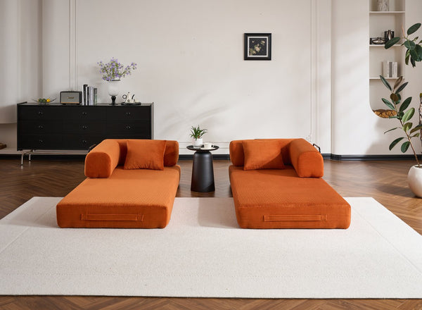 English Elm Convertible Sleeper Sofa Bed Corduroy 4-in-1 Folding Floor Couch with 35D Sponge Support and No-Assembly Orange W3434P378559
