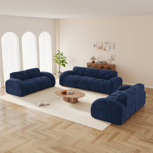 English Elm 3 Piece Velvet Cloud Sofa Set Tufted Plush Living Room Modular Seating Collection Blue W714S01645