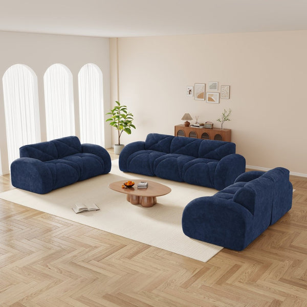 English Elm 3 Piece Velvet Cloud Sofa Set Tufted Plush Living Room Modular Seating Collection Blue W714S01645