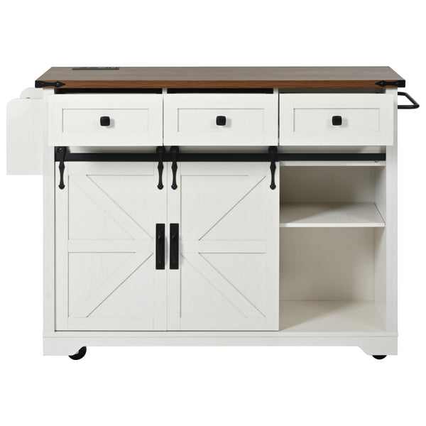 English Elm K&K 53.7" Farmhouse Kitchen Island with Drop Leaf, Sliding Barn Doors, Built-In Power & Wheels White N707P170347W
