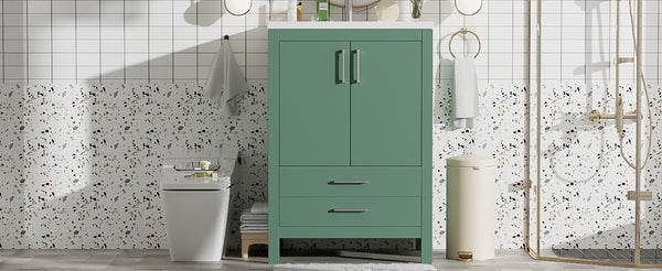 English Elm 24'' Green Bathroom Vanity with Ceramic Sink Combo — Modern Freestanding MDF & Solid Wood Storage, Soft-Close Doors, Silver Handles N710P228364F