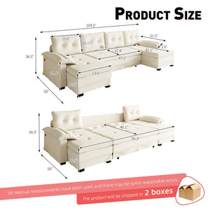 English Elm 109.5" Oversized U-shaped Sectional Sleeper Chenille Modular Sofa with Usb Ports Beige+White W1885S00438