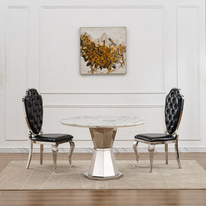 English Elm 47" Round Marble Dining Table | Modern High Gloss Faux Marble & Stainless Steel Base For Any Space W3456S00003