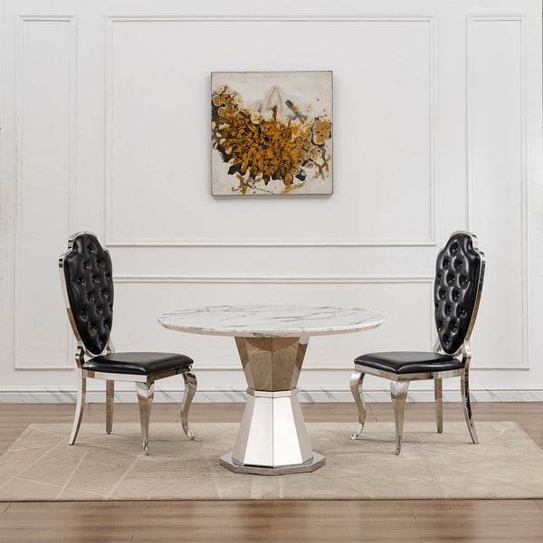 English Elm 47" Round Marble Dining Table | Modern High Gloss Faux Marble & Stainless Steel Base For Any Space W3456S00003