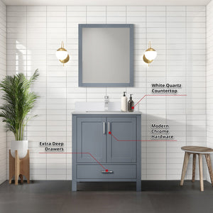 English Elm Dark Grey Vanity 30 in. W x 22 in. D with White Quartz Top, Chrome Faucet & 28 in. Mirror, Durable B2731S01251