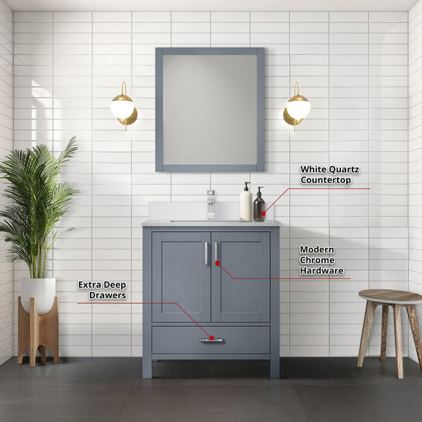 English Elm Dark Grey Vanity 30 in. W x 22 in. D with White Quartz Top, Chrome Faucet & 28 in. Mirror, Durable B2731S01251