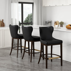 English Elm Blair Wood Upholstered Barstool: Elegant Black Design With Wingback Support & Gold Accents, Fully Assembled B365P398072