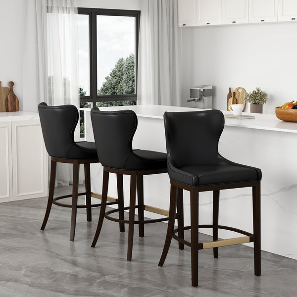 English Elm Blair Wood Upholstered Barstool: Elegant Black Design With Wingback Support & Gold Accents, Fully Assembled B365P398072