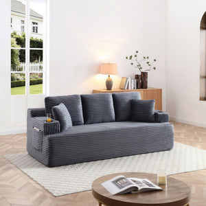 English Elm Boneless Floor Sofa Corduroy Upholstered 5 Seat Low Profile with Cup Holders for Living Room Grey W1117S00436