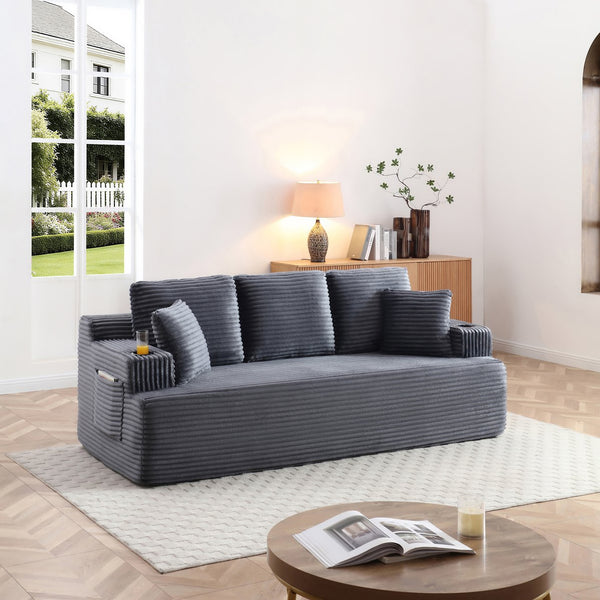 English Elm Boneless Floor Sofa Corduroy Upholstered 5 Seat Low Profile with Cup Holders for Living Room Grey W1117S00436