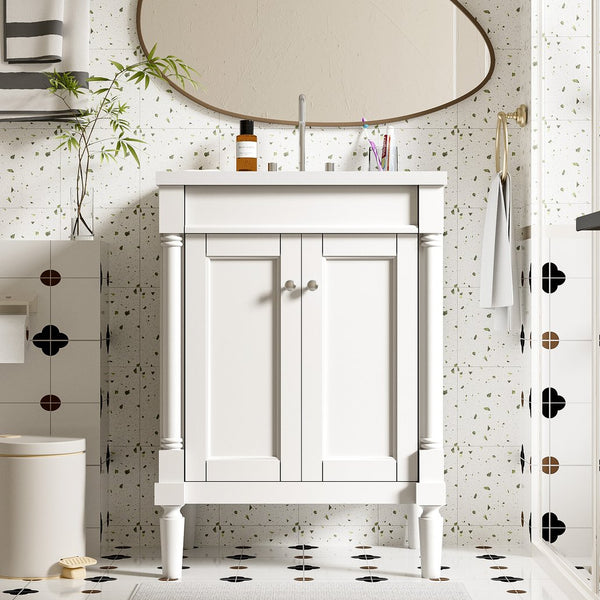English Elm 24'' Modern Bathroom Vanity with Ceramic Basin, Solid Wood Frame, Soft-Close Doors, Ample Storage White N710P190503K