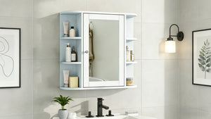 English Elm Bathroom Wall Cabinet with Mirror Door Open Shelving and Adjustable Interior Storage White N817P375228W