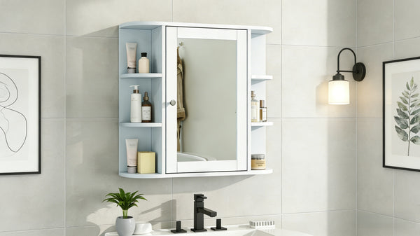 English Elm Bathroom Wall Cabinet with Mirror Door Open Shelving and Adjustable Interior Storage White N817P375228W