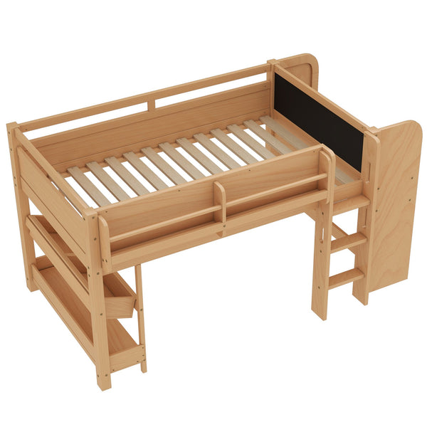 English Elm Twin Low Loft Bed Solid Pine Frame Kids Study Desk Blackboard Storage White W1580S00574