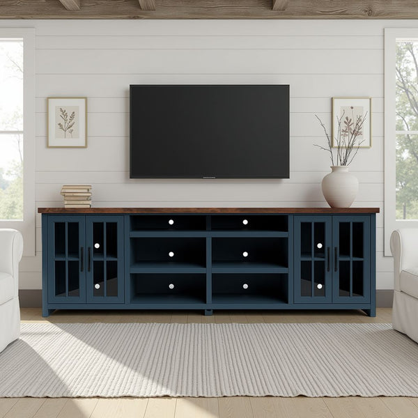 English Elm 96 inch Farmhouse TV Console for TVs up to 100" — Blue Denim & Whiskey Two-Tone, Fully Assembled, Cable Management, Glass Doors and Shelves (Oil-Rubbed Bronze) B108P160178