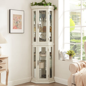 English Elm Lighted Corner Curio Cabinet - Elegant Glass Display With Adjustable Shelves & Bead Bulb Lighting - White W1758P300131