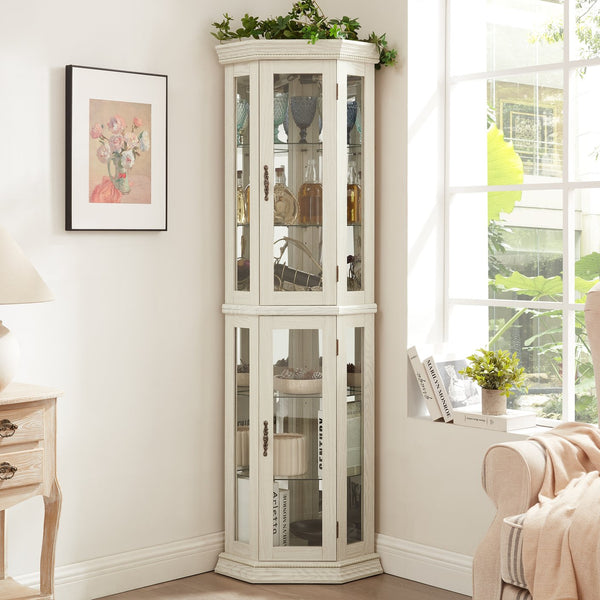 English Elm Lighted Corner Curio Cabinet - Elegant Glass Display With Adjustable Shelves & Bead Bulb Lighting - White W1758P300131