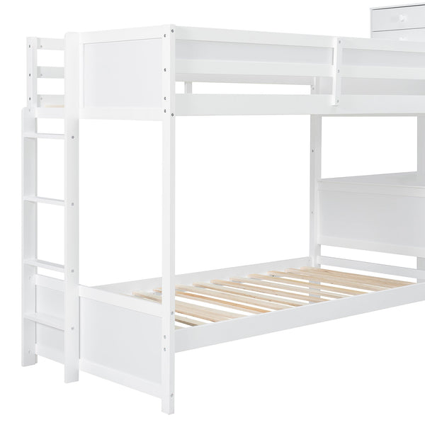 English Elm Twin L-shaped Bunk Bed Pine Wood Corner Design with Desk Drawers and Usb Charging White N820S00079K