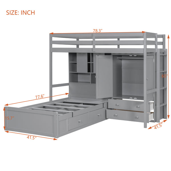 English Elm Twin Bunk Bed with Wardrobe Drawers Hydraulic Lift Shelves Kids Storage Gray LT000666AAE-1