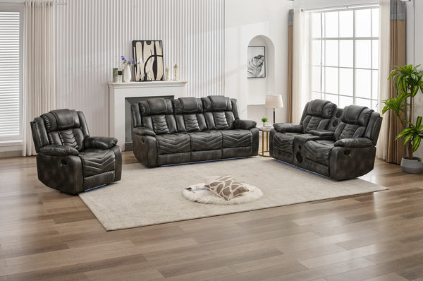 English Elm M073 Three Piece Faux Leather Reclining Sofa Set with Led Base Lighting Living Room Grey W1805S00174