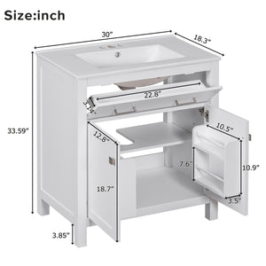 English Elm 30-inch Modern Bathroom Vanity with Ceramic Sink, Gold Accents, Solid Wood Frame, Soft-Close Doors and Ample Storage White WF324045AAK