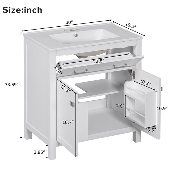 English Elm 30-inch Modern Bathroom Vanity with Ceramic Sink, Gold Accents, Solid Wood Frame, Soft-Close Doors and Ample Storage White WF324045AAK