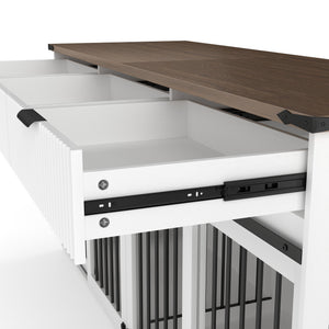 English Elm 71'' Walnut Woodgrain Dog Kennel Cabinet with Fluted Drawers and Built-in Power Station W5216S00001