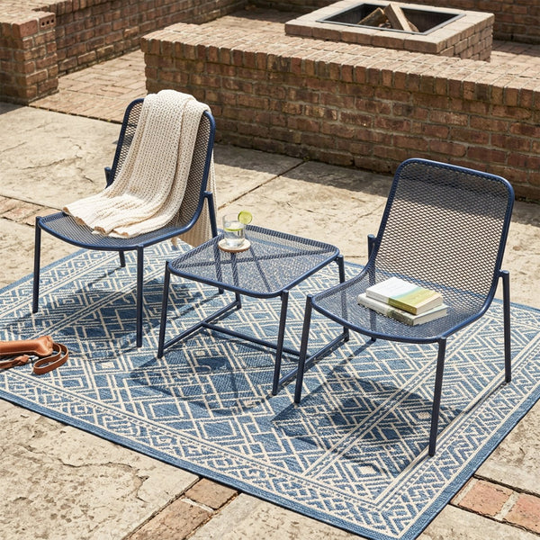 English Elm Kincaid Outdoor Iron Mesh Conversation Set Rust Resistant Patio Chairs with Side Table Navy Blue N775P392159N