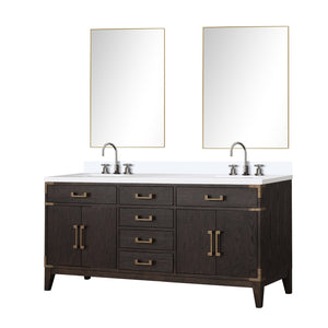English Elm Brown Oak 72 in Double Bath Vanity with Cultured Marble Top, Chrome Faucet Set & Dual 34" Mirrors B2731S01862