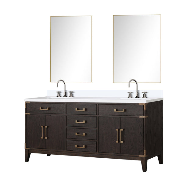 English Elm Brown Oak 72 in Double Bath Vanity with Cultured Marble Top, Chrome Faucet Set & Dual 34" Mirrors B2731S01862