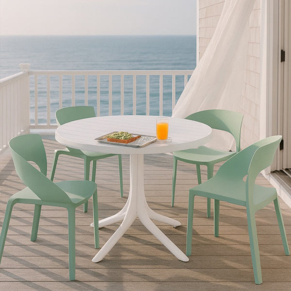 English Elm Summer Polypropylene Round Dining Set Stackable Chairs Uv Resistant Indoor Outdoor Patio Haze Green,White W3450S00026