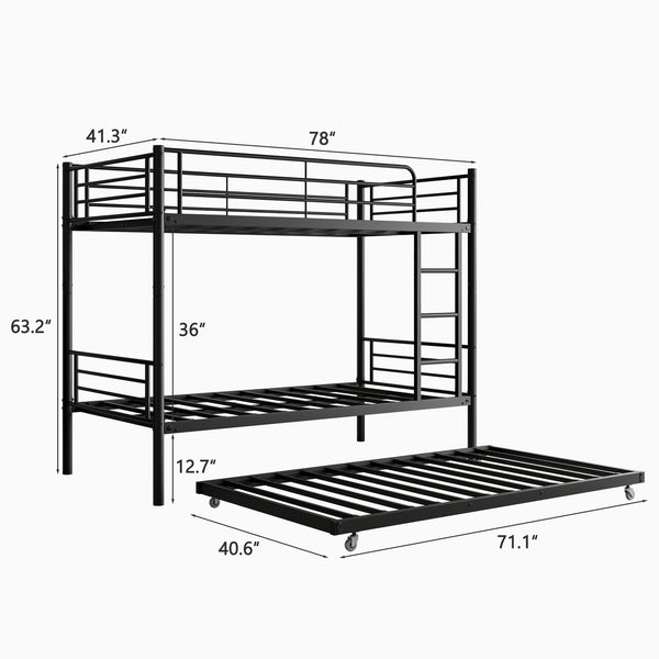 English Elm Twin Twin Bunk Bed with Trundle, Metal Frame Twin-Over-Twin Space-Saving Bunkbeds w/ Ladder & Guardrail W840P196829