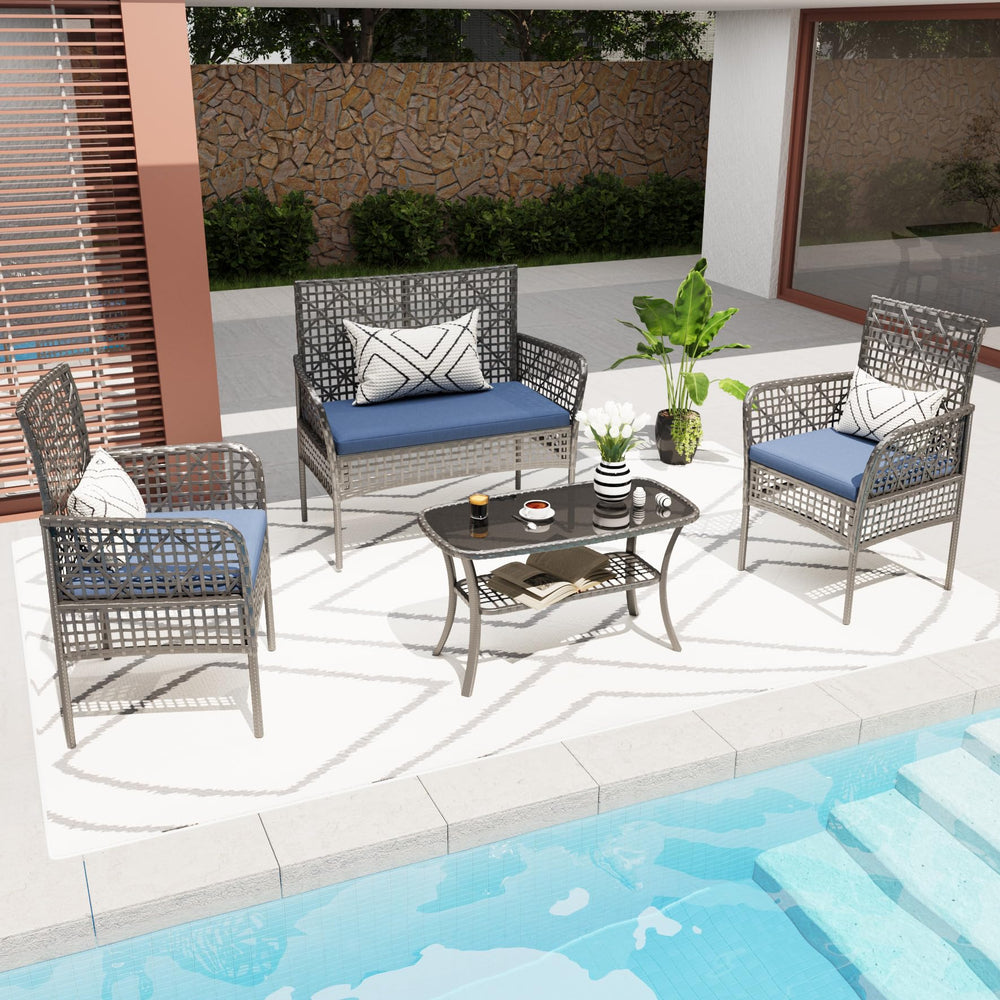 English Elm 4 Piece Outdoor Pe Rattan Wicker Conversation Set with Tempered Glass Coffee Table Blue W2071P296197